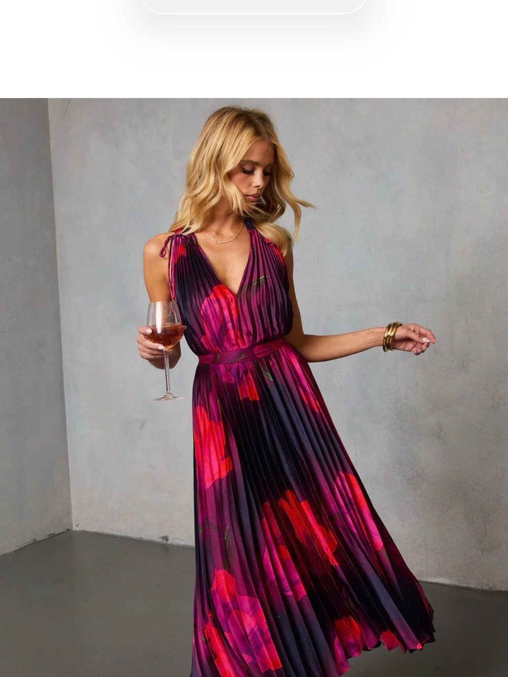 Vici Pleated Halter Vibrant Fuchsia Floral Pleated Maxi Dress